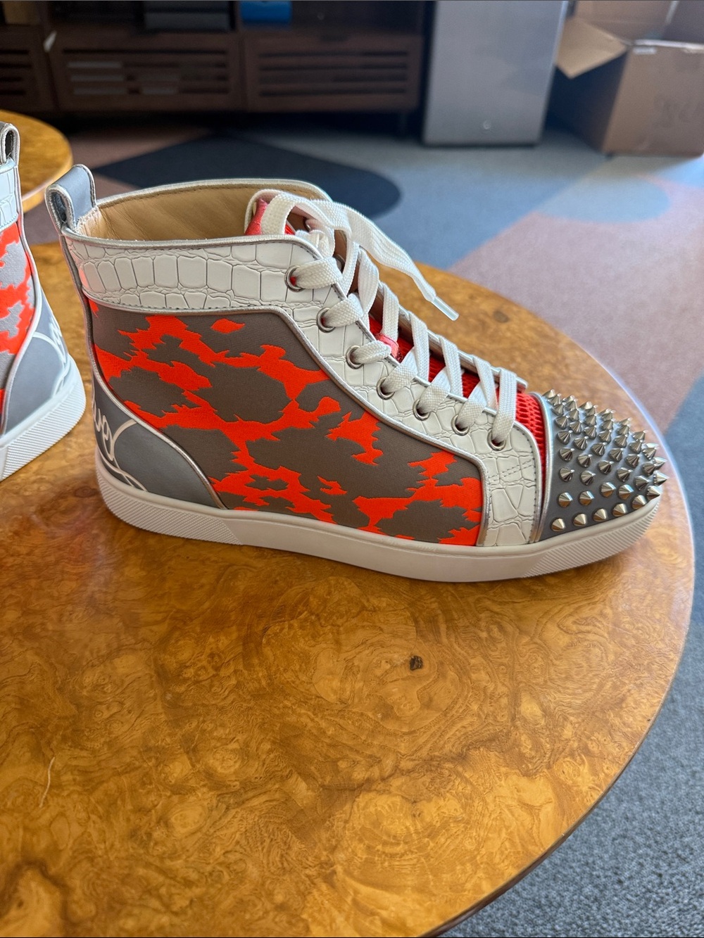 Kids High-Top Sneaker in Gray & Bright Orange with Studded Toe
